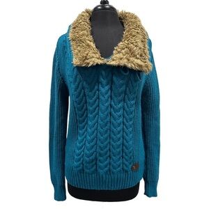 LCR Menswear Teal Cable Knit Sweater with Faux Fur Collar - Size M